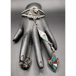 Native American Style G&S Eagle Bracelet & Double Ring Chains Inlaid Turquoise